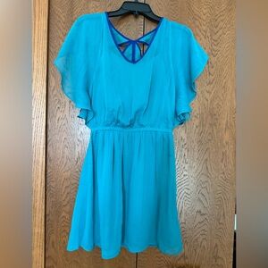 Express Teal Blue Flutter Sleeve Dress with Navy Trim